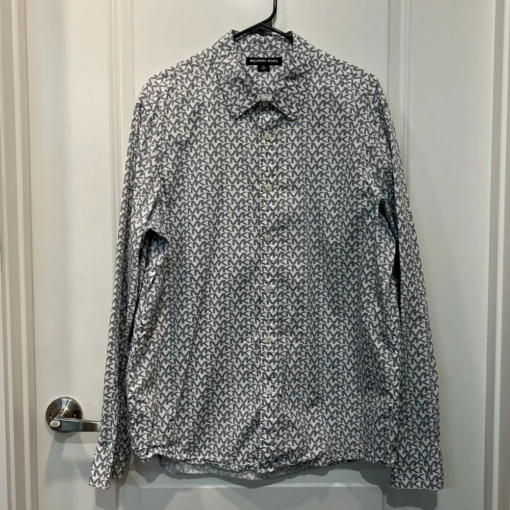 Michael Kors MK Monogram Logo All Over Print Button Up Shirt - Picture 3 of 7